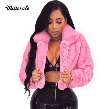 Fluffy Faux Fur Coats Jackets Women Furry Fake Fur Crop Jacket Turn down Collar Winter Warm Overcoat