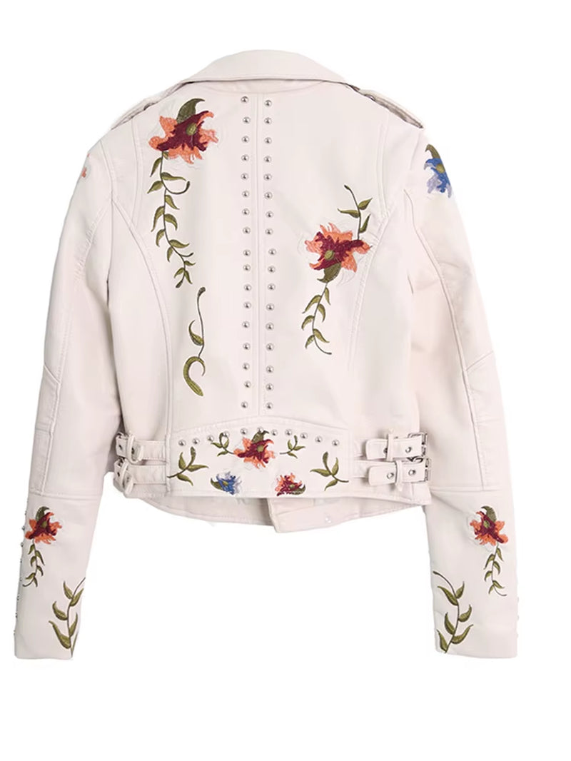 Women Floral Print Embroidery Faux Soft Leather Jacket Coat Turn-Down Collar Casual Pu Motorcycle Black Punk Outerwear