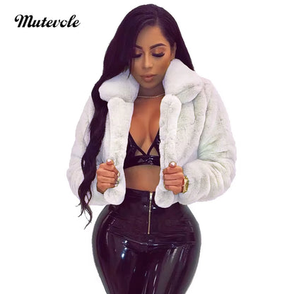 Fluffy Faux Fur Coats Jackets Women Furry Fake Fur Crop Jacket Turn down Collar Winter Warm Overcoat
