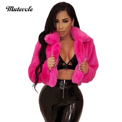 Fluffy Faux Fur Coats Jackets Women Furry Fake Fur Crop Jacket Turn down Collar Winter Warm Overcoat