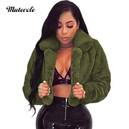 Fluffy Faux Fur Coats Jackets Women Furry Fake Fur Crop Jacket Turn down Collar Winter Warm Overcoat