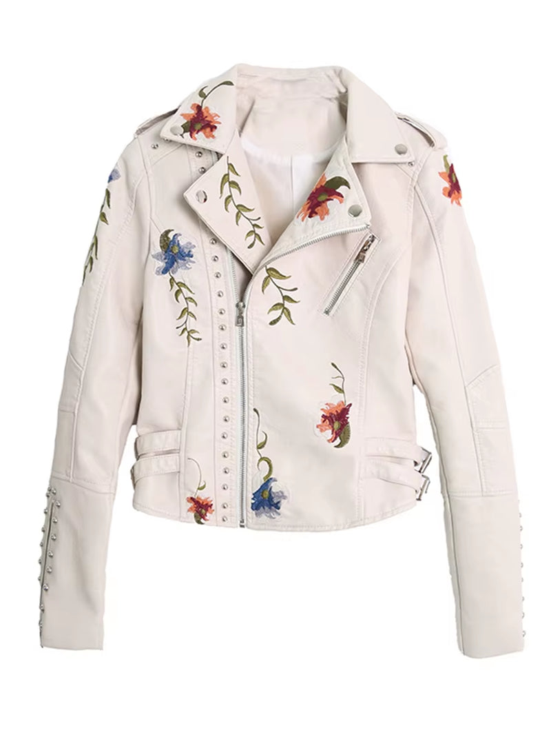 Women Floral Print Embroidery Faux Soft Leather Jacket Coat Turn-Down Collar Casual Pu Motorcycle Black Punk Outerwear