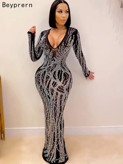 Gorgeous Crystal Gown for Womens Beautiful Deep V Neck Rhinestone Maxi Dress Sexy Clubwear Special Occasion Outfits