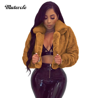 Fluffy Faux Fur Coats Jackets Women Furry Fake Fur Crop Jacket Turn down Collar Winter Warm Overcoat