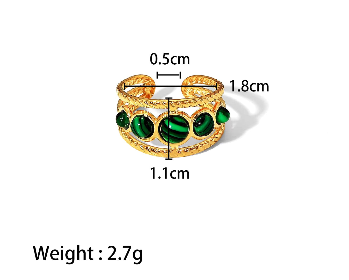 Uworld Vintage 18K Gold Malachite Statement Open Ring Waterproof 18K PVD Gold Plated Stainless Steel Bague Femme Acier Inoxydabl