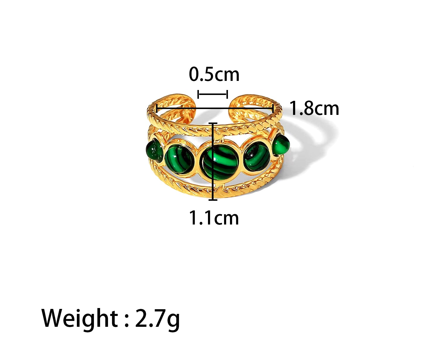 Uworld Vintage 18K Gold Malachite Statement Open Ring Waterproof 18K PVD Gold Plated Stainless Steel Bague Femme Acier Inoxydabl