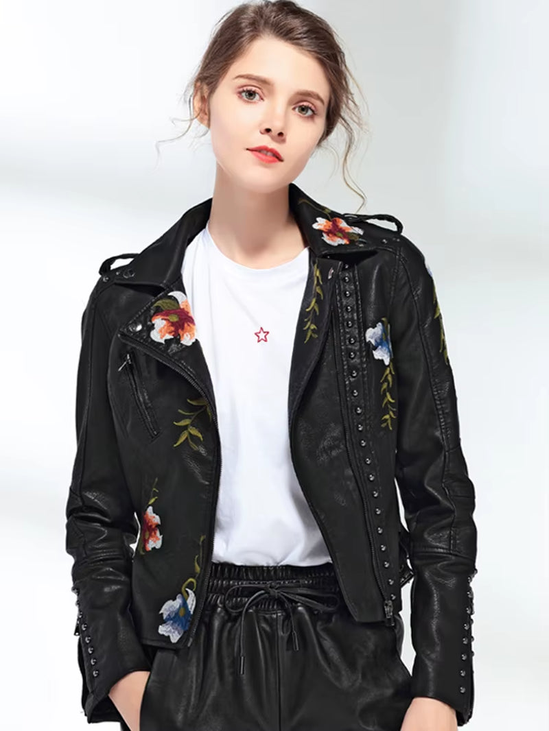 Women Floral Print Embroidery Faux Soft Leather Jacket Coat Turn-Down Collar Casual Pu Motorcycle Black Punk Outerwear