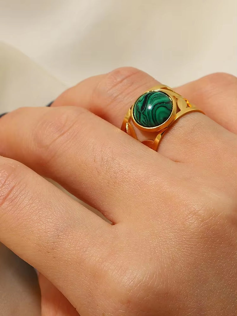 Uworld Vintage 18K Gold Malachite Statement Open Ring Waterproof 18K PVD Gold Plated Stainless Steel Bague Femme Acier Inoxydabl