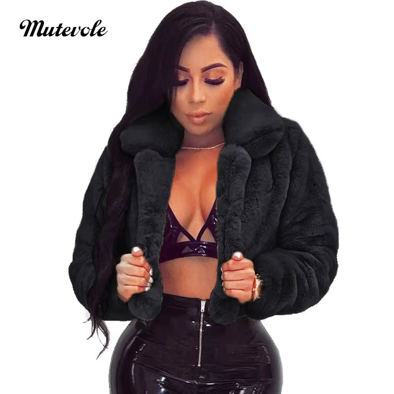 Fluffy Faux Fur Coats Jackets Women Furry Fake Fur Crop Jacket Turn down Collar Winter Warm Overcoat