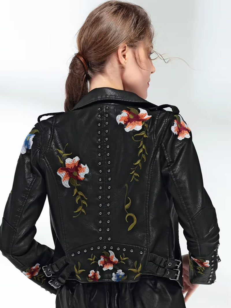 Women Floral Print Embroidery Faux Soft Leather Jacket Coat Turn-Down Collar Casual Pu Motorcycle Black Punk Outerwear