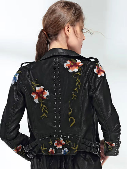 Women Floral Print Embroidery Faux Soft Leather Jacket Coat Turn-Down Collar Casual Pu Motorcycle Black Punk Outerwear