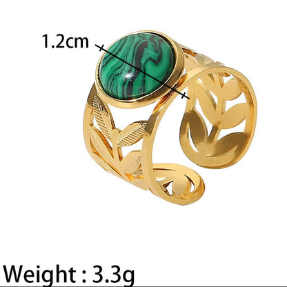Uworld Vintage 18K Gold Malachite Statement Open Ring Waterproof 18K PVD Gold Plated Stainless Steel Bague Femme Acier Inoxydabl