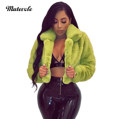Fluffy Faux Fur Coats Jackets Women Furry Fake Fur Crop Jacket Turn down Collar Winter Warm Overcoat