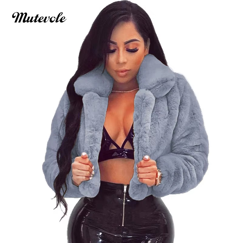 Fluffy Faux Fur Coats Jackets Women Furry Fake Fur Crop Jacket Turn down Collar Winter Warm Overcoat