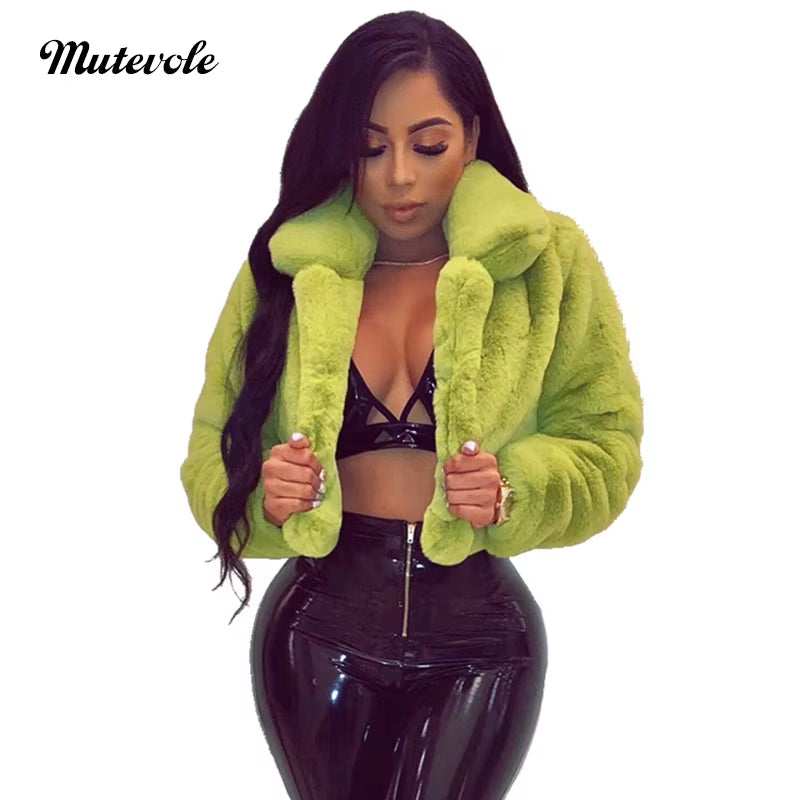 Fluffy Faux Fur Coats Jackets Women Furry Fake Fur Crop Jacket Turn down Collar Winter Warm Overcoat